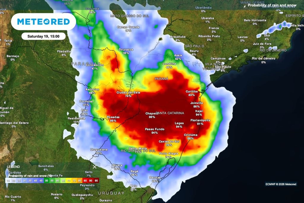 chuva, probabilidade, sul, sudeste Alta probabilidade de chuva atinge o Paraná no sábado, com maior risco no centro-sul do estado.