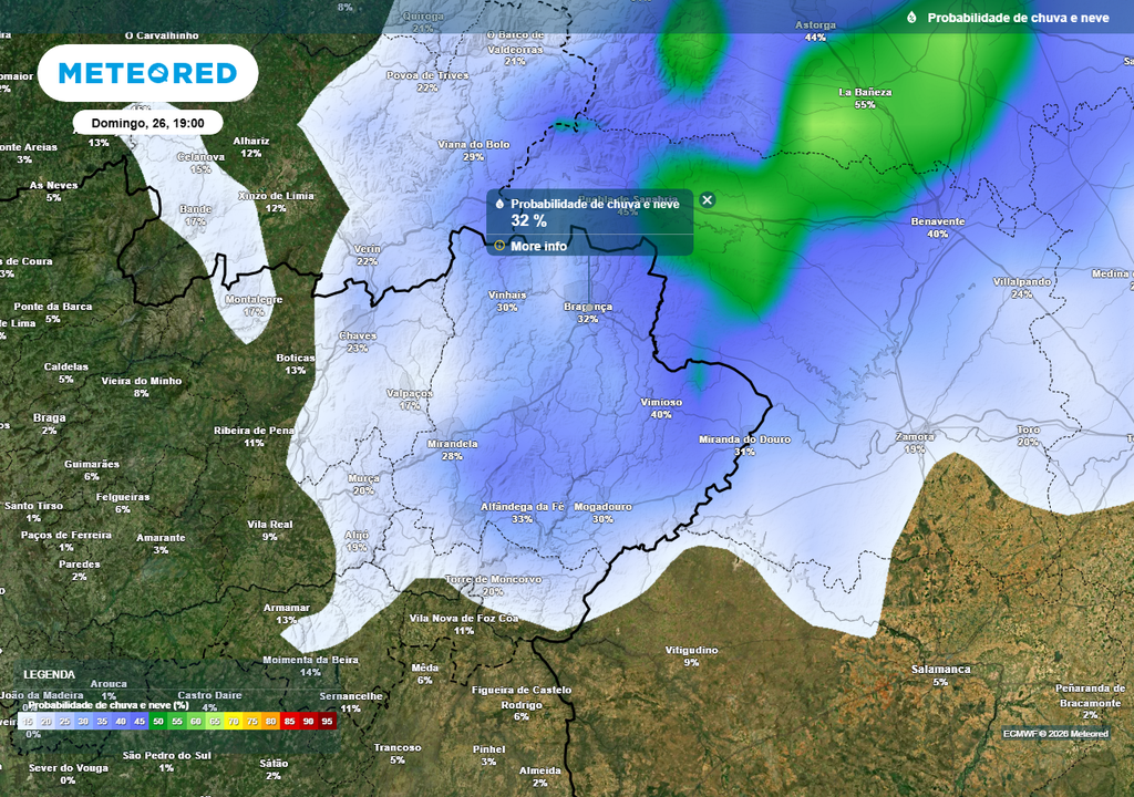 Prevista uma probabilidade de precipitação superior a 30% para a cidade de Bragança no próximo domingo, 26 de abril, às 19:00.