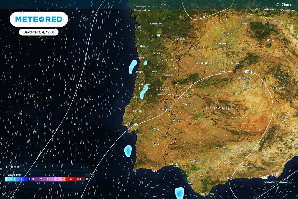 Previsão de precipitação para as 19h de sexta-feira, segundo o modelo ECMWF. Os aguaceiros deverão apresentar caráter muito localizado, mantendo-se a precipitação pouco significativa na generalidade do território.