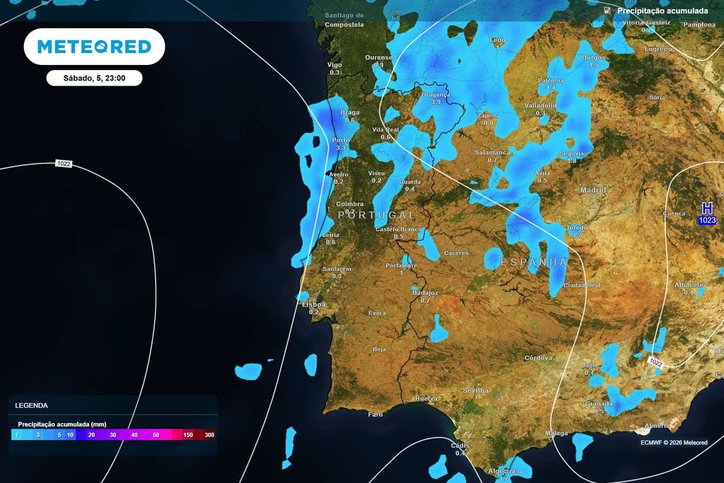 Precipitação acumulada prevista pelo ECMWF até ao final de sábado. Os maiores acumulados concentram-se sobretudo no Norte, enquanto muitas regiões deverão receber quantidades reduzidas ou nulas.