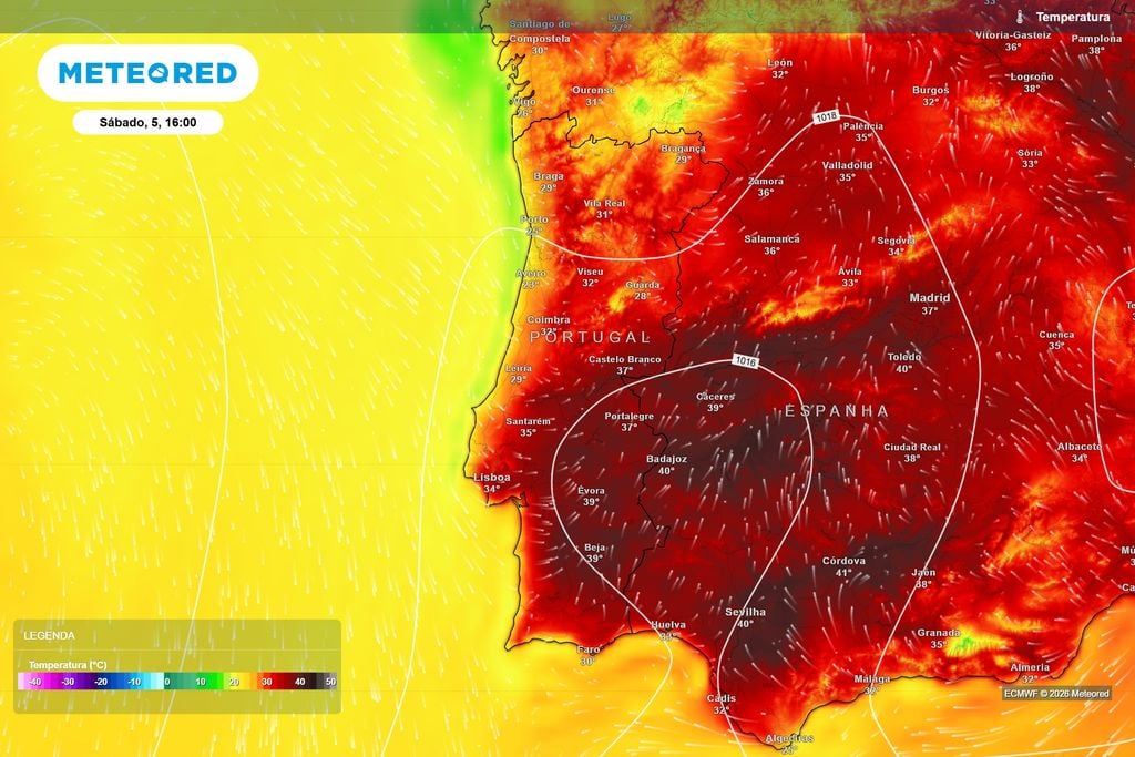 Temperaturas previstas pelo ECMWF para as 16h de sábado. O interior continuará muito quente, com valores próximos dos 40 ºC em alguns setores do Alentejo.