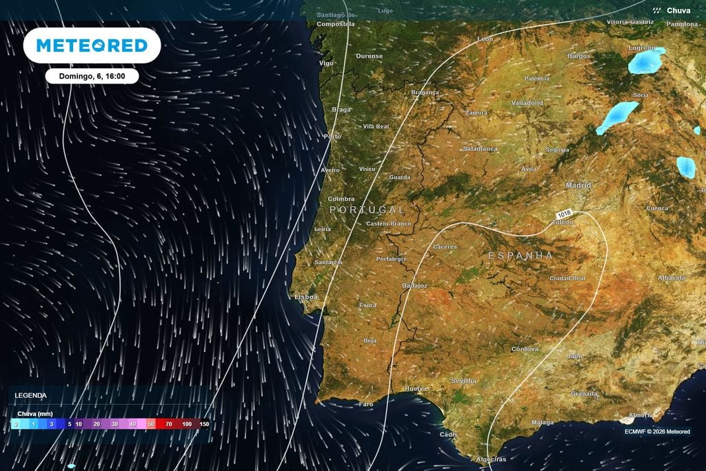 Previsão de precipitação para as 16h de domingo. Segundo o ECMWF, a instabilidade deverá afastar-se, deixando Portugal continental praticamente sem chuva.