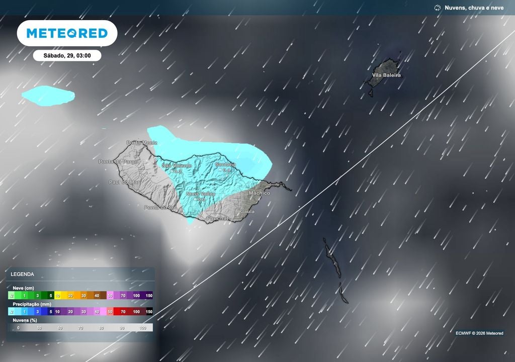 Na madrugada de sábado, dia 29, os aguaceiros fracos deverão concentrar-se na vertente norte e nas terras altas da Madeira, com valores próximos de 0,3 a 0,4 mm em São Vicente, Santana e Nuns Valley, enquanto a vertente sul se mantém livre de precipitação.