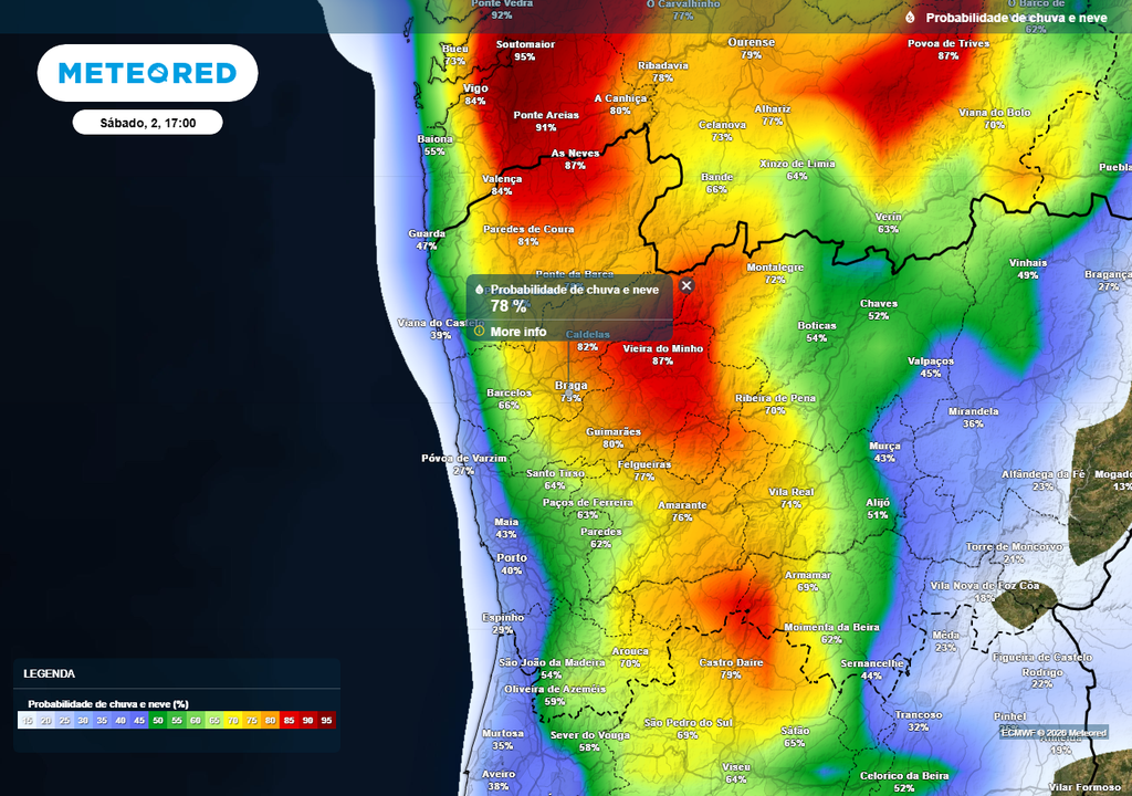 Probabilidade elevada de chuva às 17:00 deste sábado, 2 de maio, em Braga.