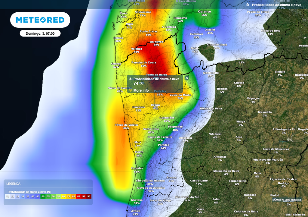 Probabilidade elevada de chuva às 07:00 da manhã de domingo, 3 de maio, em Braga.