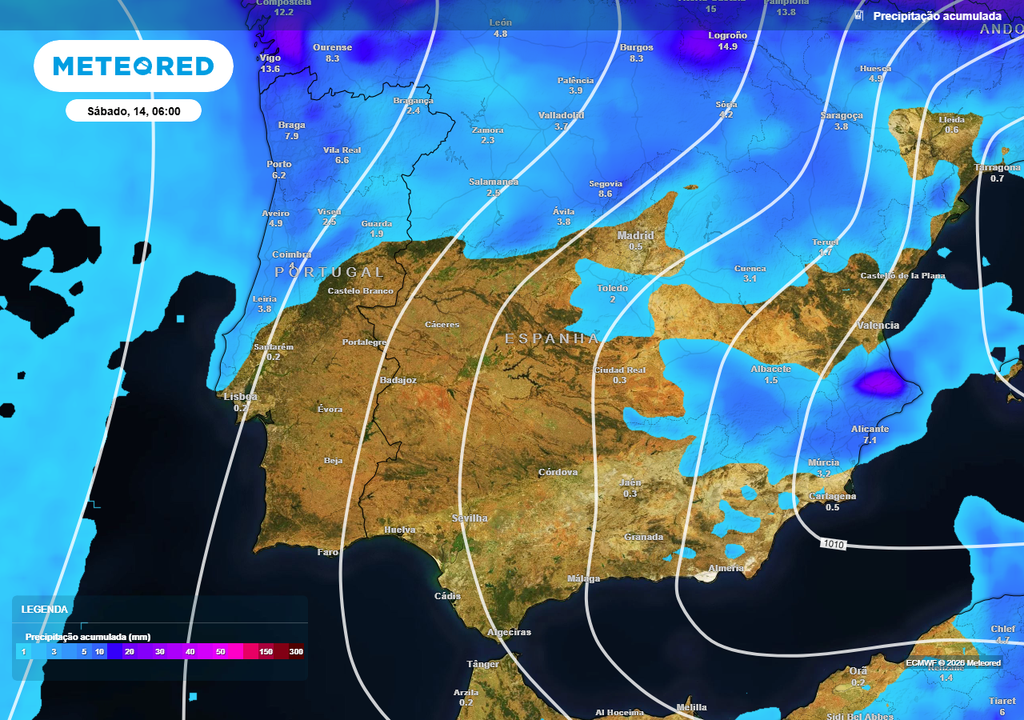 A frente fria atlântica da próxima sexta-feira, 13 de março, não terá força nem organização suficientemente robustas para cruzar o sistema montanhoso Montejunto-Estrela. Deste modo, as nuvens e a chuva concentrar-se-ão maioritariamente a norte desta cordilheira, estando previstas acumulações bastante modestas, entre 1 e 15 mm.