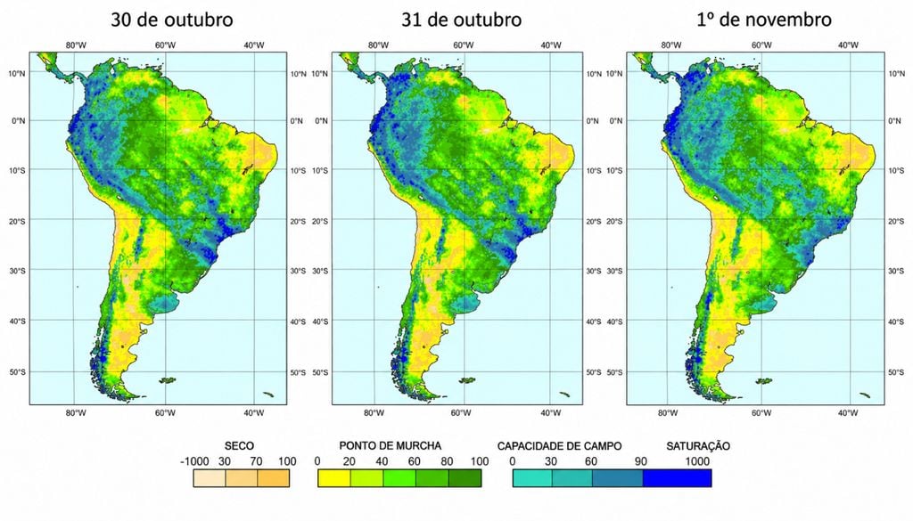 chuva, solo, umidade Previsão de umidade do solo entre 30 de outubro e 1º de novembro, com maior saturação no oeste amazônico e Sudeste e condições mais secas no Nordeste.
