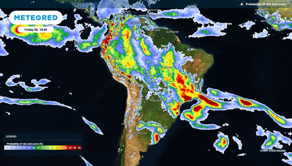 previsão, chuva, sudeste Previsão de probabilidade de chuva para sexta-feira (30) as 15 horas.