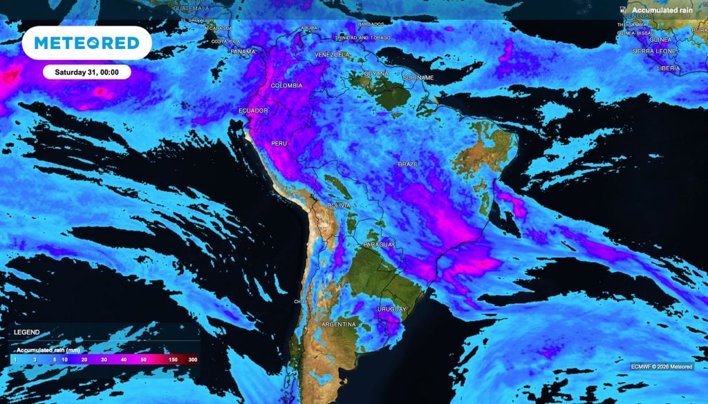 Previsão de chuva acumulada até sábado (31).