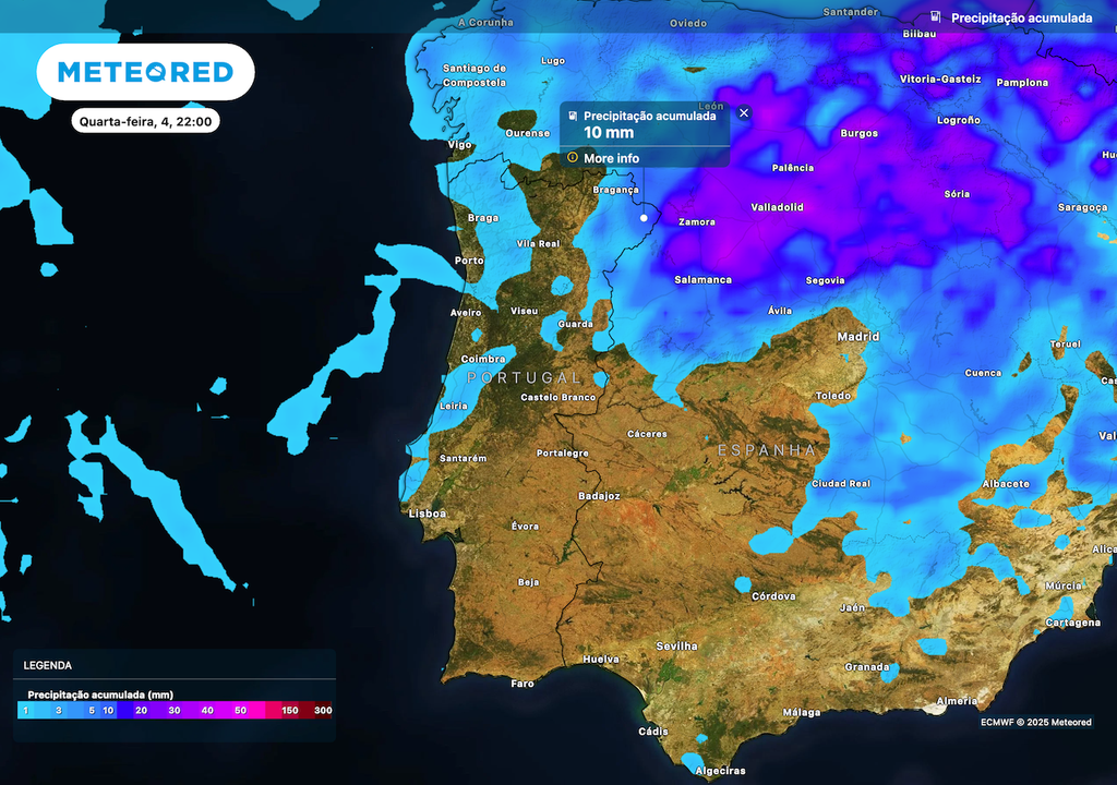 Precipitação acumulada em Portugal Continental até 10 mm no interior Precipitação acumulada em Portugal Continental até 10 mm no interior