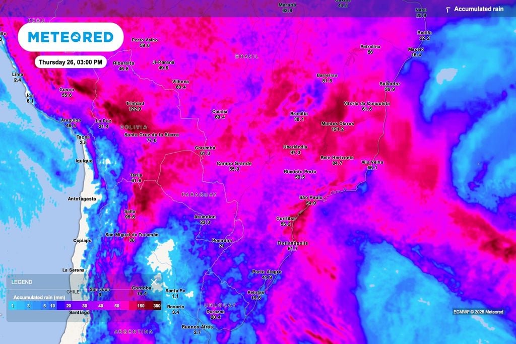 Chuva acumulada até 26 de fevereiro segundo o modelo ECMWF, indicando volumes elevados sobre o Centro-Oeste, especialmente no Norte de Mato Grosso.