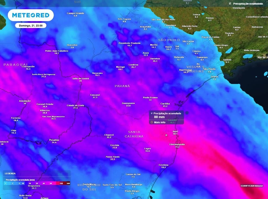 Previsão de precipitação acumulada (em mm) entre hoje (19) e a noite (23h) do domingo (21), segundo o modelo europeu ECMWF.