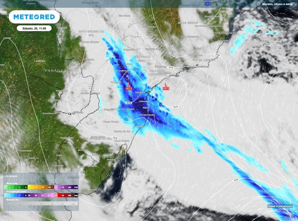 Previsão de precipitação (em mm) e nebulosidade para o sábado (20) de manhã às 11h, segundo o modelo europeu ECMWF.