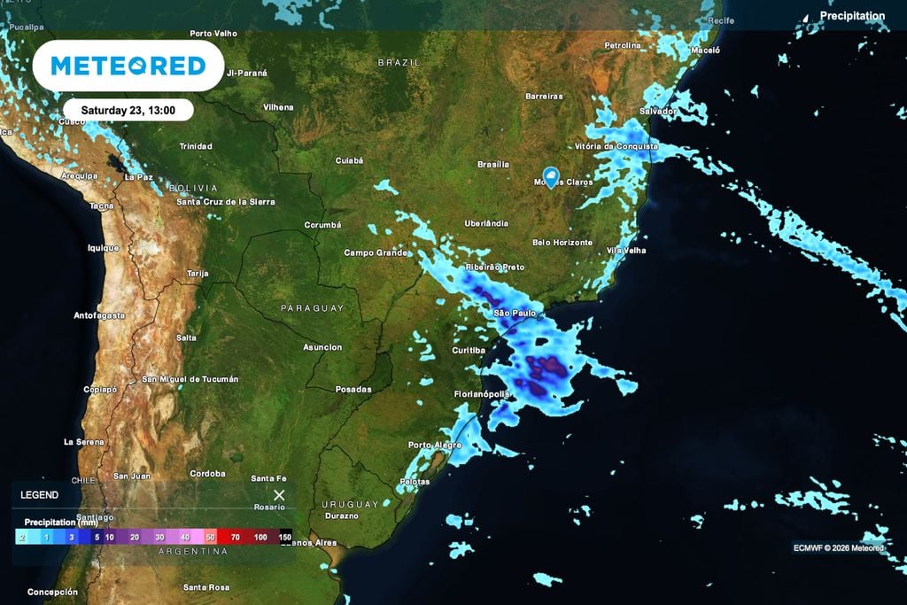 Temporais, chuva, precipitação Precipitação prevista para sábado (23) mostra a instabilidade avançando sobre São Paulo, com pancadas mais fortes no leste paulista e risco de temporais durante o fim de semana.