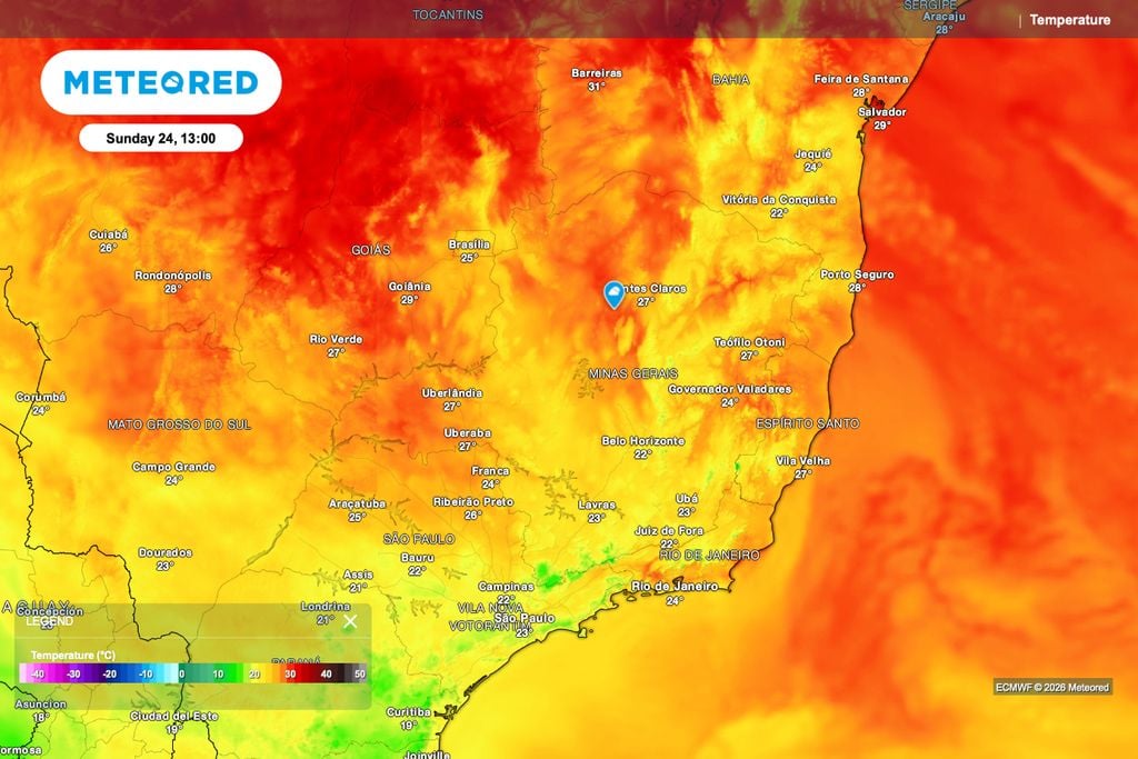 Calor, Minas Gerais, São Paulo Temperatura prevista para domingo (24) mostra calor persistente no Norte de Minas Gerais, enquanto São Paulo fica com marcas mais amenas sob influência da instabilidade.