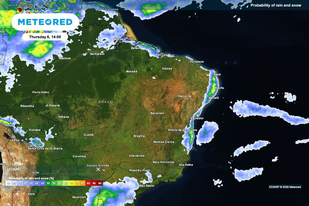 A chuva permanece concentrada no litoral do Nordeste, sem reposição hídrica abrangente no interior.