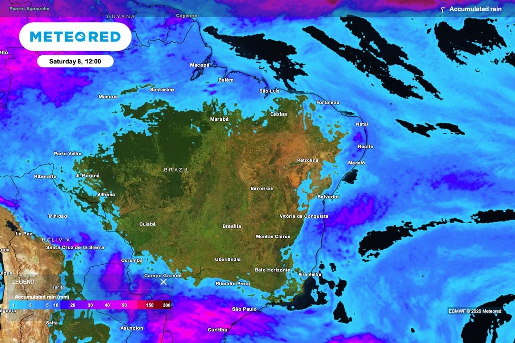 Os maiores acumulados permanecem próximos ao litoral, enquanto o interior do SE, AL e BA recebe pouca chuva e segue sem reposição hídrica abrangente.