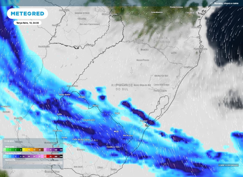 Precipitação e nebulosidade prevista O mapa mostra chuvas com intensidade moderada e forte concentrada na divisa entre o Uruguai e o Rio Grande do Sul.