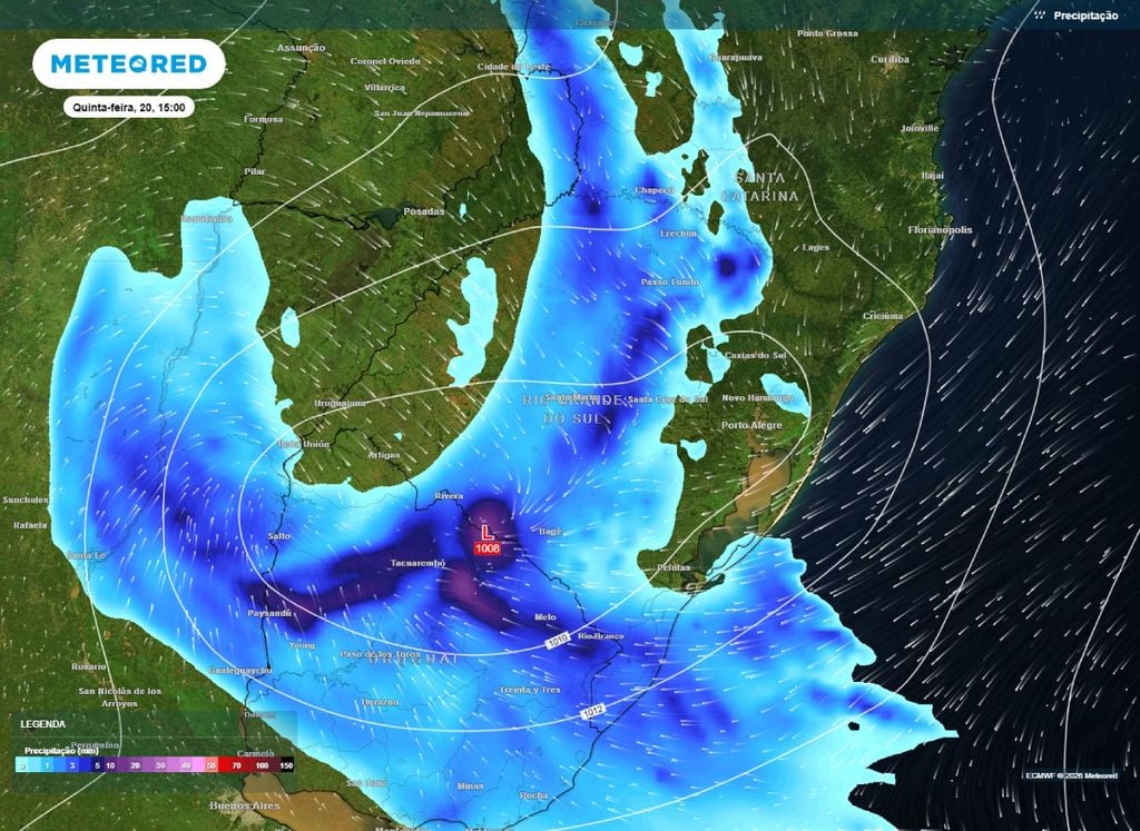 Chuva e pressão a nível médio do mar. A previsão indica a presença de um ciclone extratropical sobre o Rio Grande do Sul. Sistema atua de forma rápida mas aumenta riscos de chuvas intensas, tempestades e queda de granizo.