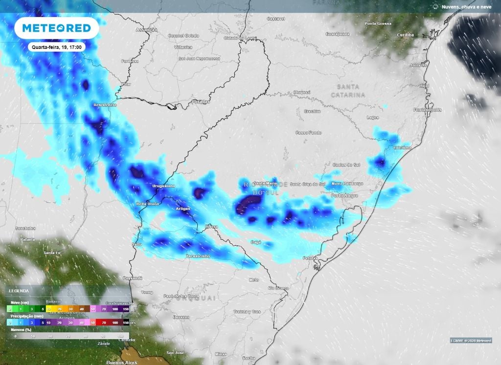 Chuva e nebulosidade. Precipitação prevista para a tarde de quarta-feira (19).