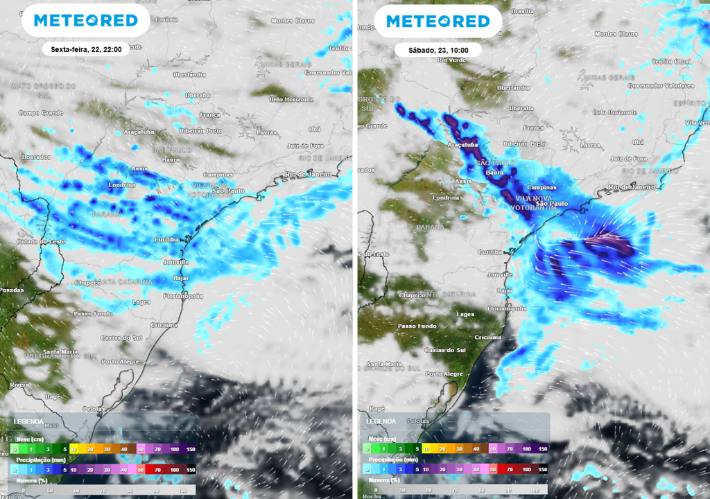 Previsão de precipitação (em mm) e nebulosidade para sexta-feira (22) à noite (22h) à esquerda e sábado (23) de manhã (10h) à direita, segundo o modelo europeu ECMWF.