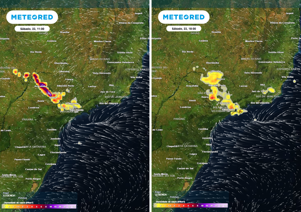Previsão de densidade de raios para o sábado (23) de manhã (11h) à esquerda e de tarde (18h) à direita, segundo o modelo europeu ECMWF, mostrando as áreas com chances de tempestades.