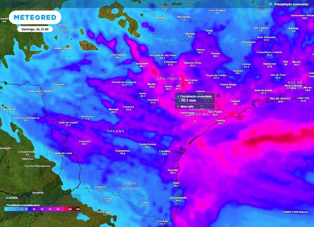 Previsão do acumulado de precipitação (em mm) entre hoje (20) e a noite (21h) do domingo (24), segundo o modelo europeu ECMWF.