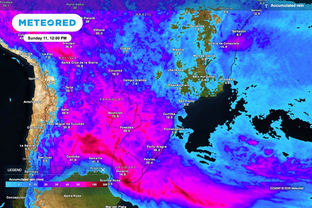 Mapa de chuva acumulada prevista (mm) até domingo, 11, 12h; projeção do modelo ECMWF. Tons mais quentes indicam maiores volumes estimados no período, úteis para sinalizar risco de enxurradas e impactos associados.