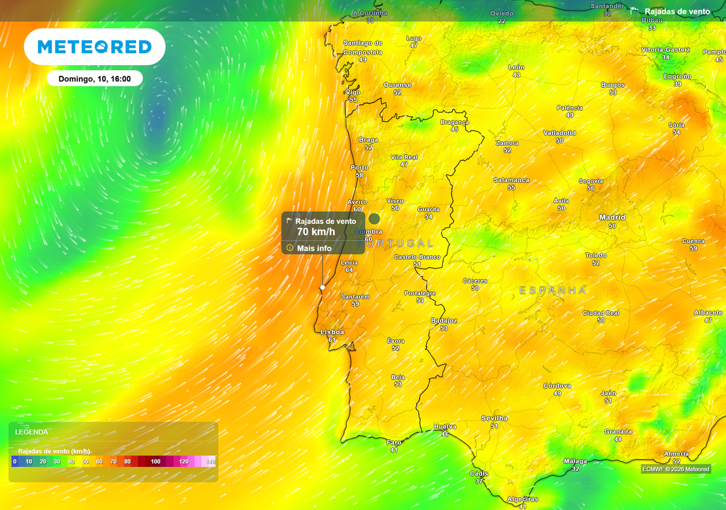 As rajadas de vento intensificam-se durante a tarde de domingo, com o período mais ventoso entre as 13h e as 19h, antes de uma acalmia temporária durante a noite.