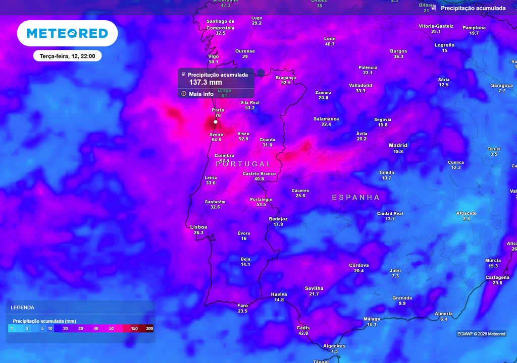 Entre este sábado e terça-feira, os acumulados de precipitação tornam-se muito significativos, com alguns locais do Norte e Centro a poderem ultrapassar os 130 mm desde o início do episódio.
