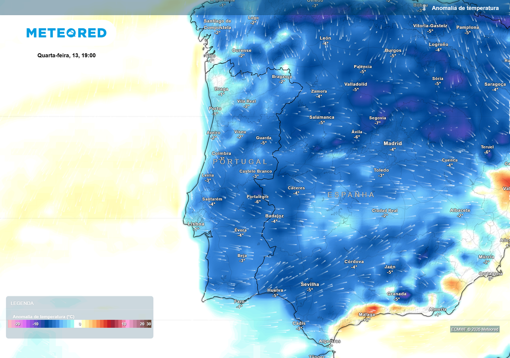 Na quarta-feira, a chuva enfraquece, mas as temperaturas continuam abaixo da média para maio, com anomalias negativas entre 2 e 6 ºC em grande parte do território.