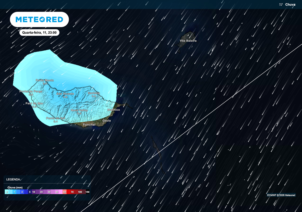 Precipitação prevista para a ilha da Madeira na noite de quarta-feira. O mapa mostra áreas de chuva fraca a moderada concentradas sobretudo nas vertentes norte e nas zonas montanhosas da ilha, enquanto o sul apresenta valores mais reduzidos.