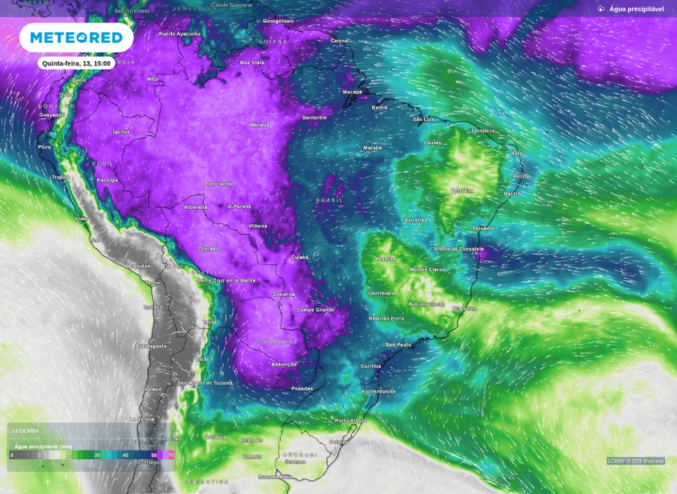 Água precipitável prevista para a tarde desta quinta-feira (13).