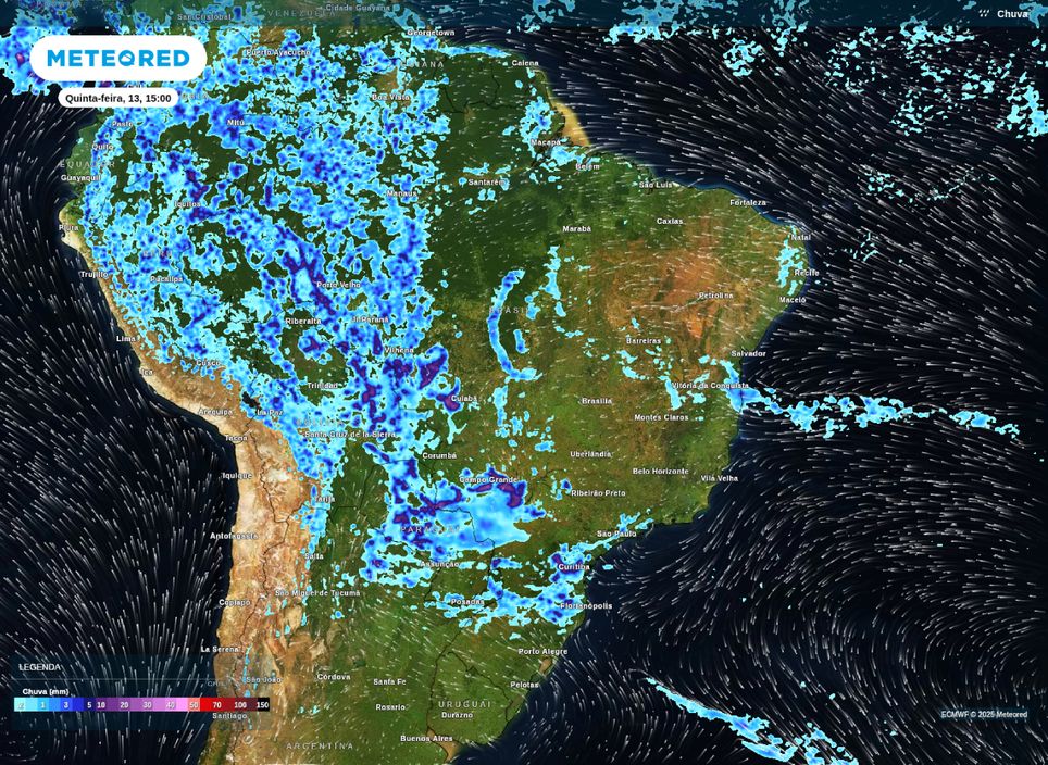 Precipitação prevista para a tarde de quinta (13), segundo o modelo ECMWF.