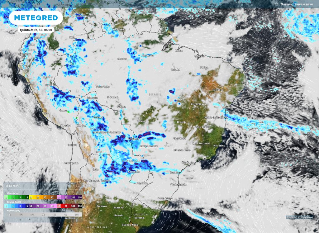 Precipitação e nebulosidade prevista para o amanhecer desta quinta-feira (13). Precipitação e nebulosidade prevista para o amanhecer desta quinta-feira (13).