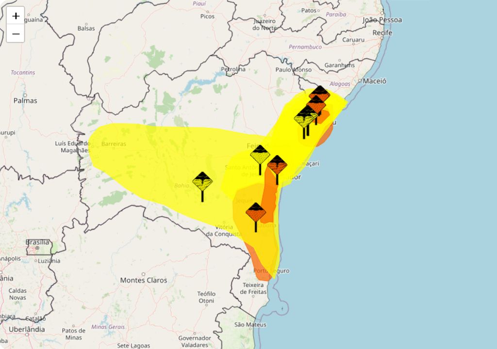 Mapa de alertas emitidos pelo INMET nesta quarta-feira para o estado da Bahia. Mapa de alertas emitidos pelo INMET nesta quarta-feira para o estado da Bahia.