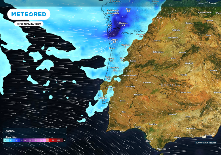 Chuva irregular e frio mant&ecirc;m-se em Portugal continental at&eacute; quarta-feira; ter&ccedil;a-feira chega uma nova frente fria