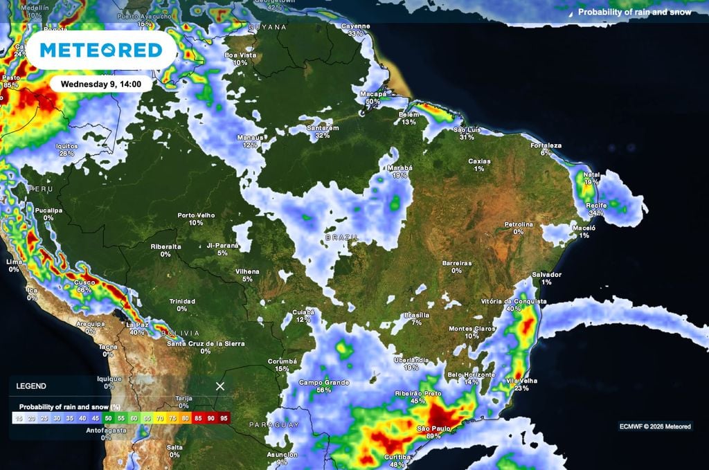 Chuva, probabilidade, anomalia Previsão da probabilidade de chuva para quarta-feira (9), às 14h.