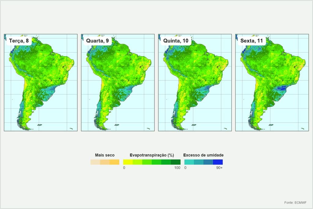 solo, umidade, MT, soja Umidade do solo prevista pelo ECMWF entre terça (8) e sexta-feira (11).