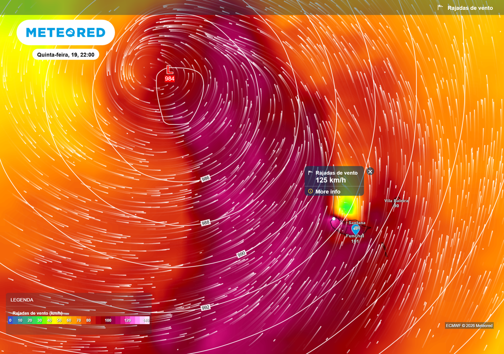O núcleo da depressão aproxima-se da Madeira, intensificando o vento e podendo provocar rajadas próximas de 120 a 130 km/h nas áreas mais expostas do arquipélago.