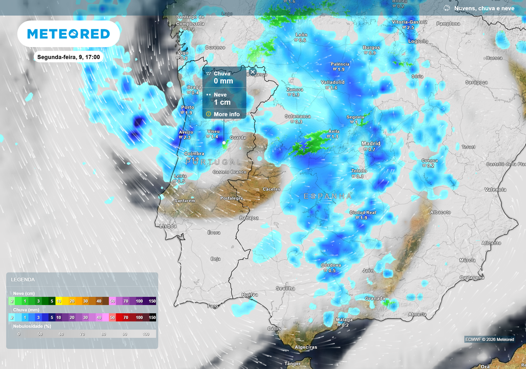 Ainda que a mais recente atualização dos nossos mapas mostre uma menor quantidade de neve para o Norte e Centro, a chuva poderá abranger boa parte destas regiões nas próximas horas.
