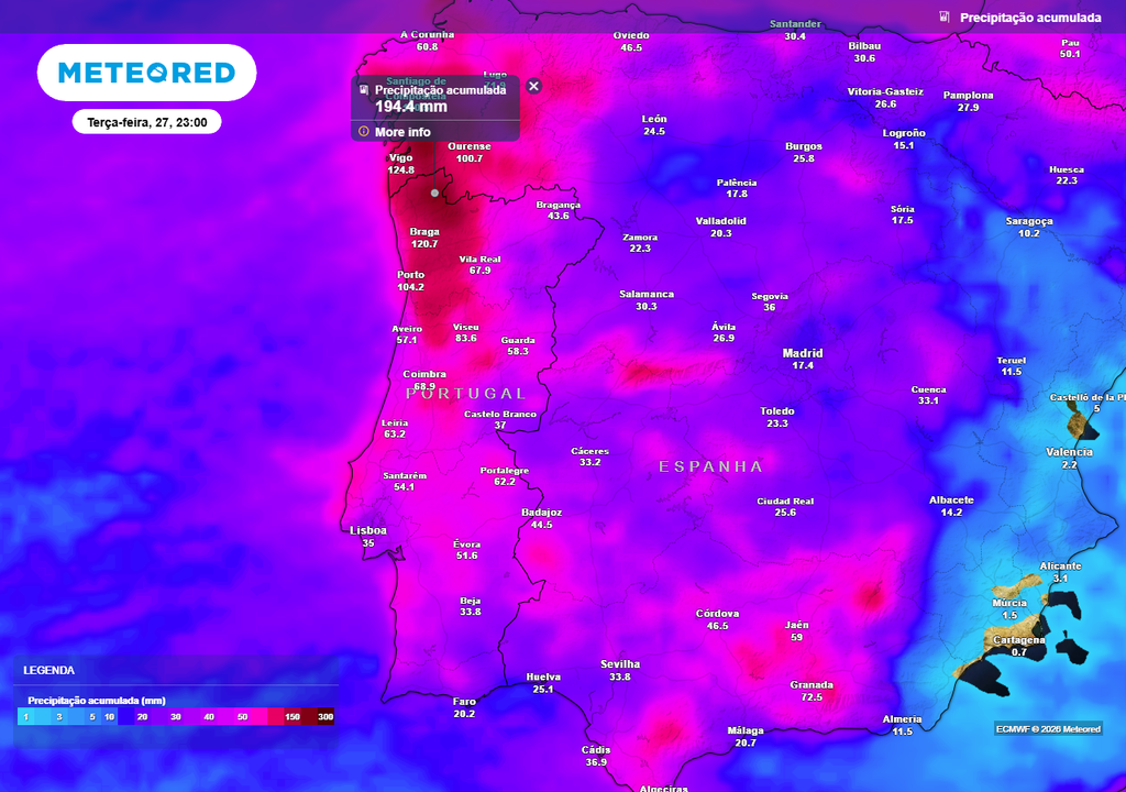 Uma frente fria muito ativa, associada a uma baixa pressão secundária que nascerá a partir da vasta região depressionária conhecida como tempestade Joseph, agravará o temporal de chuva na madrugada de terça-feira (27) em Portugal continental.