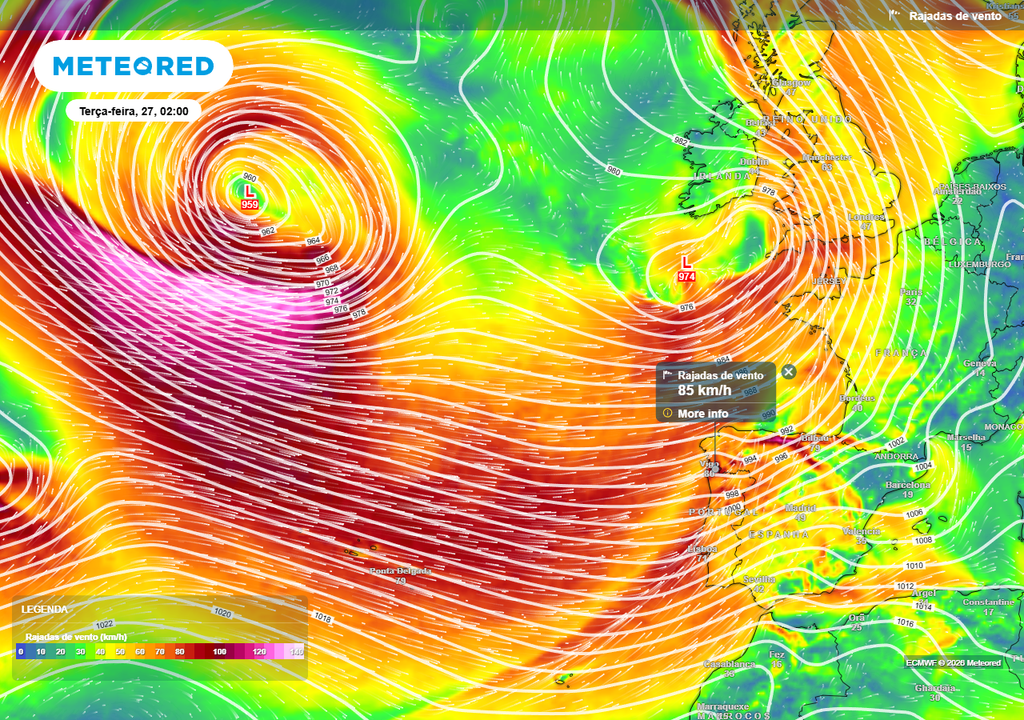 A noroeste dos Açores observa-se o centro da tempestade muito cavada (Joseph) e a sudoeste das Ilhas Britânicas situa-se uma baixa pressão secundária, que nascerá a partir da vasta região depressionária conhecida como Joseph, condicionando o tempo não só nos Açores como também em Portugal continental.