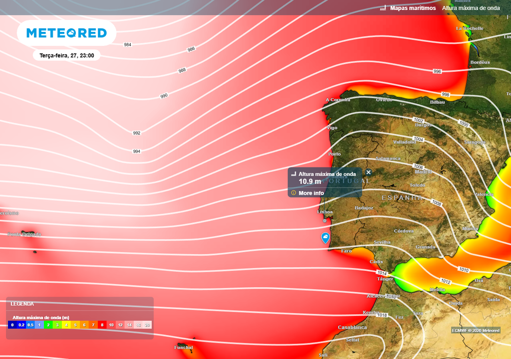 Na terça-feira (27) a agitação marítima sofrerá um novo agravamento, principalmente durante a segunda metade do dia, com as ondas a poderem atingir uma altura máxima de 11 metros.