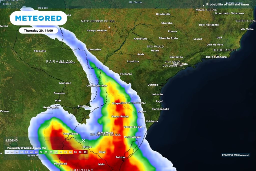 Chuva, precipitação, paraná Previsão da probabilidade de chuva para a tarde de quinta-feira (20).
