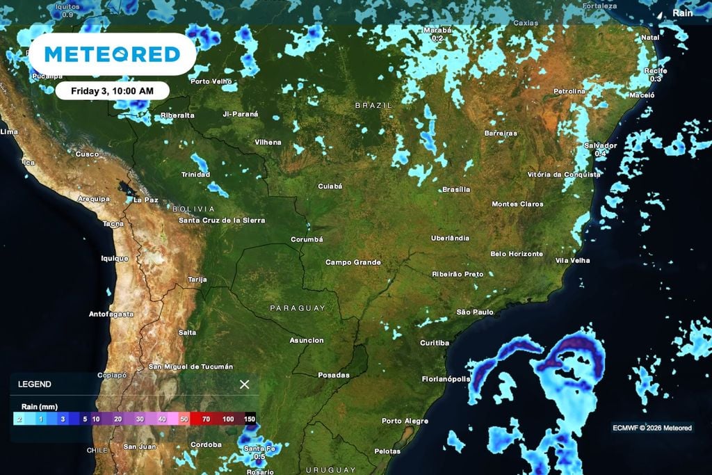 Mapa de chuva para 3 de abril, às 10h, indica pouca precipitação sobre boa parte do Brasil central e do Sudeste, com instabilidades mais isoladas. Modelo: ECMWF.