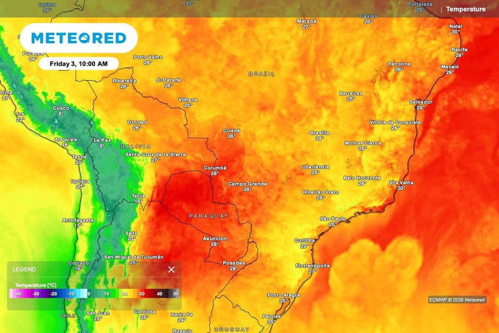 Mapa de temperatura para 3 de abril, às 10h, mostra condições mais quentes sobre grande parte do Brasil, com tempo mais firme em áreas do centro-sul. Modelo: ECMWF.