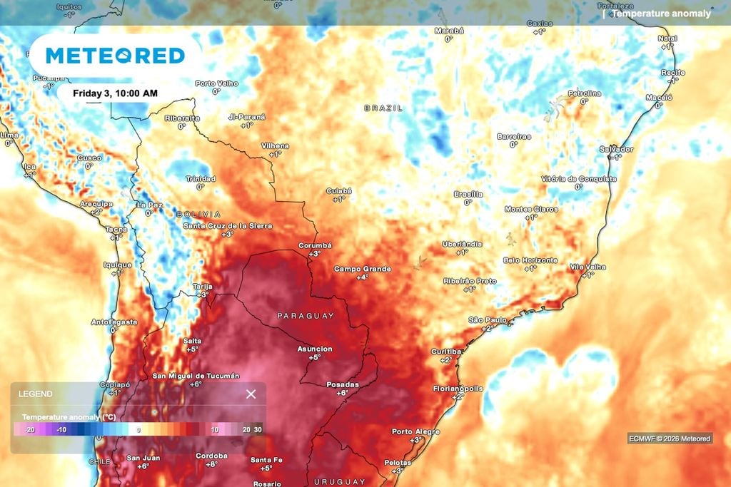 Mapa de anomalia de temperatura para 3 de abril, às 10h, mostra valores acima da média no centro-sul da América do Sul e desvios mais modestos sobre o Brasil. Modelo: ECMWF.