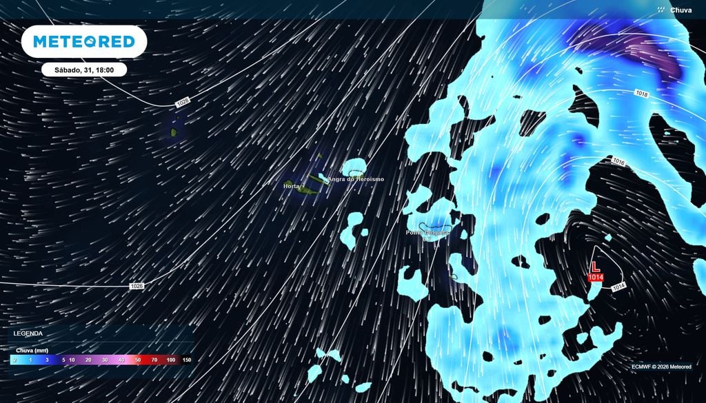 Chuva deverá apresentar distribuição irregular nos Açores durante sábado O ECMWF prevê pequenos núcleos de precipitação nas proximidades de algumas ilhas, com valores próximos de 1 mm em Ponta Delgada no período horário analisado.