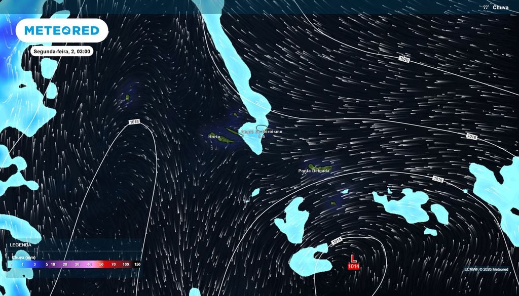 Precipitação fraca poderá atingir setores do Grupo Central na madrugada de segunda-feira O modelo europeu apresenta chuva localizada nas proximidades da ilha Terceira, com valores próximos de 0,5 mm em Angra do Heroísmo, enquanto outras ilhas apresentam precipitação pouco expressiva.